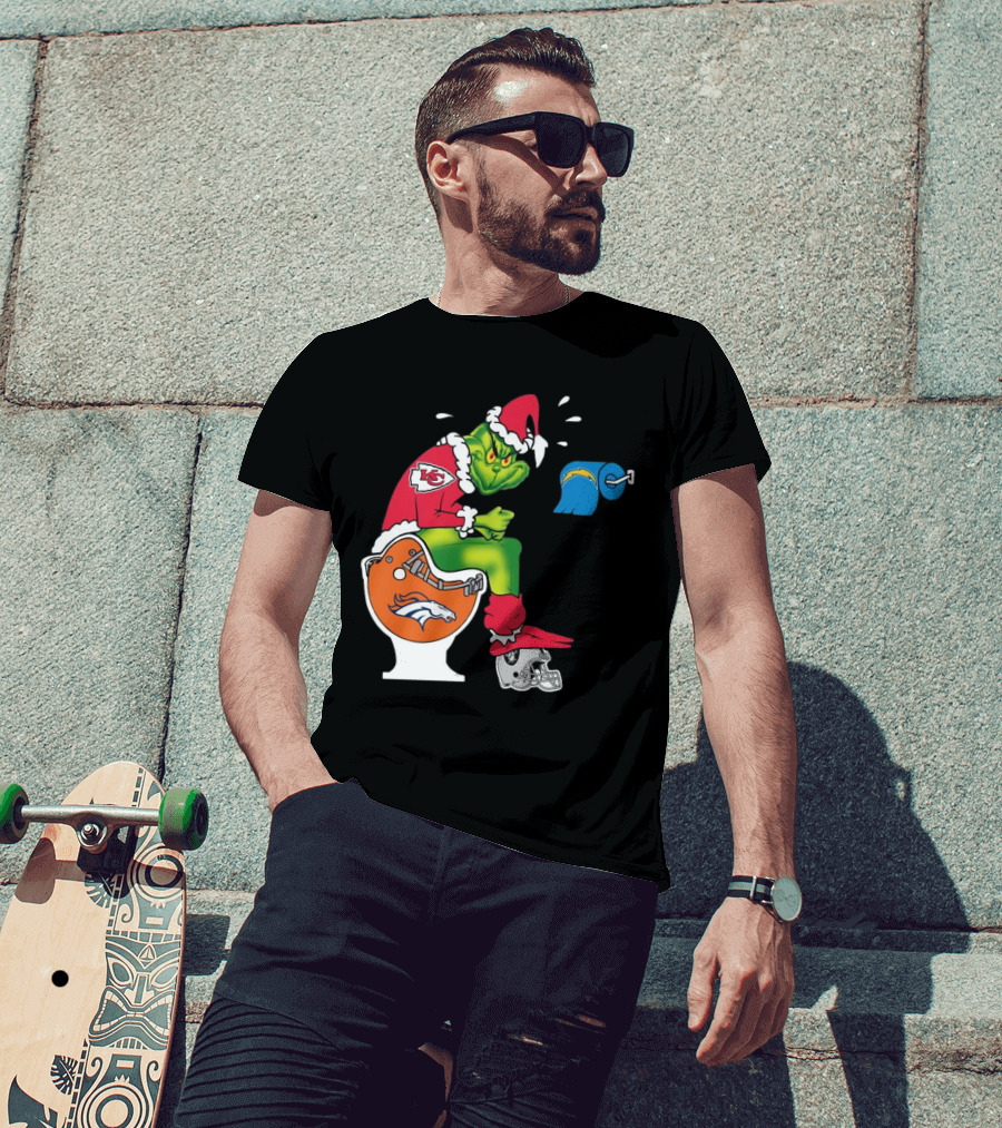 The Grinch On Toilet Kansas City Chiefs, Denver Broncos, Oakland Raiders, Chargers Christmas T-Shirt