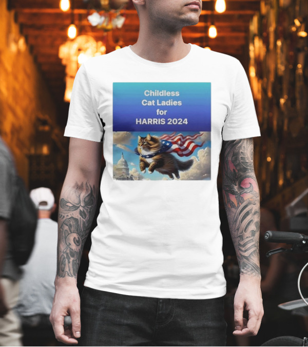 Childless Cat Ladies for Harris 2024 Lorenzo the Cat with American Flag Capitol Building T-Shirt Childless Cat Ladies for Harris 2024 Lorenzo the Cat with American Flag Capitol Building T-Shirt