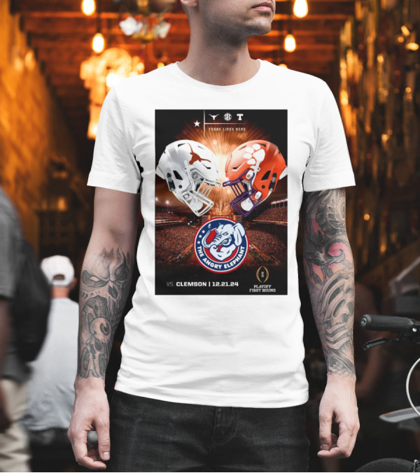 Texas Longhorns Vs Clemson Tigers The Angry Elephant Playoff First Round 12.21.24 T-Shirt Texas Longhorns Vs Clemson Tigers The Angry Elephant Playoff First Round 12.21.24 T-Shirt