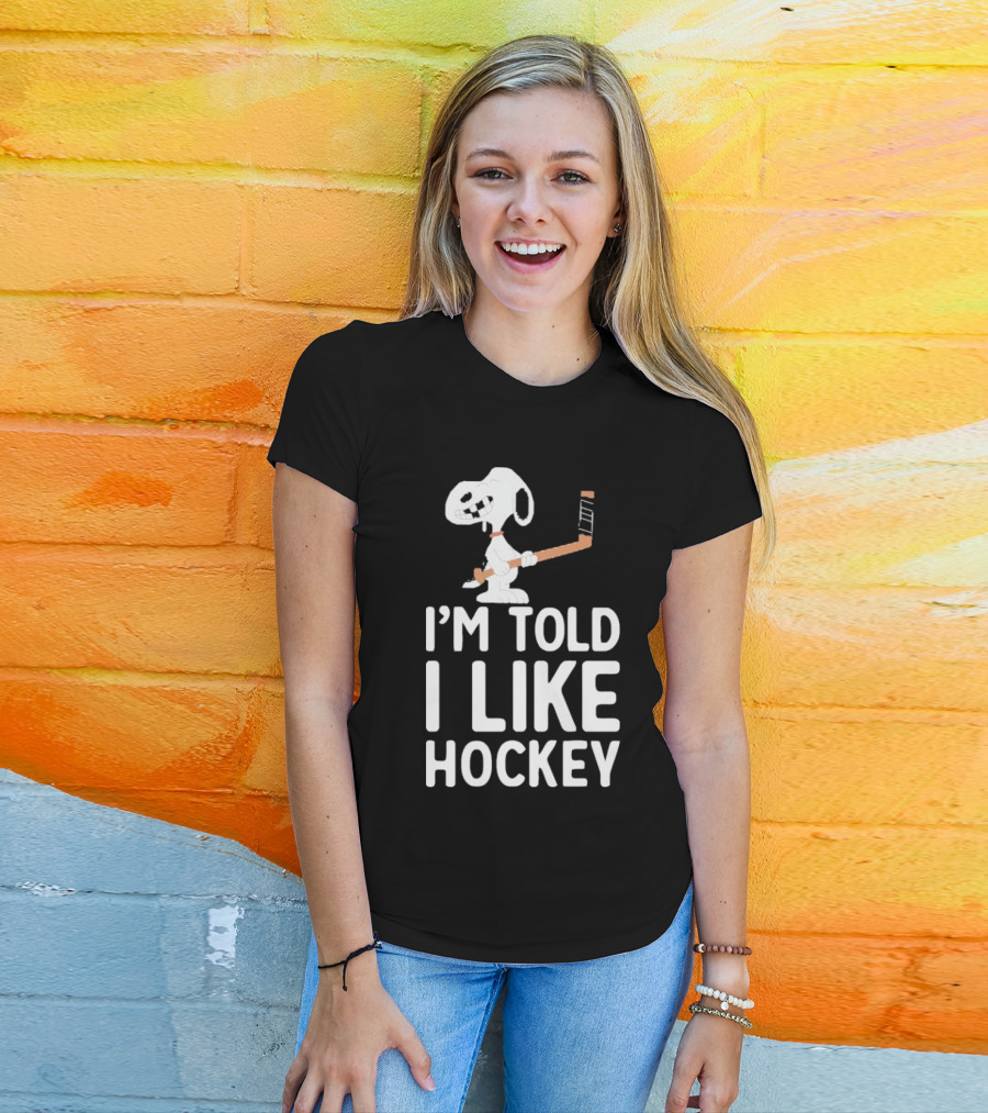 Snoopy I'm Told I Like Hockey Peanuts Comic Hockey Stick T-Shirt