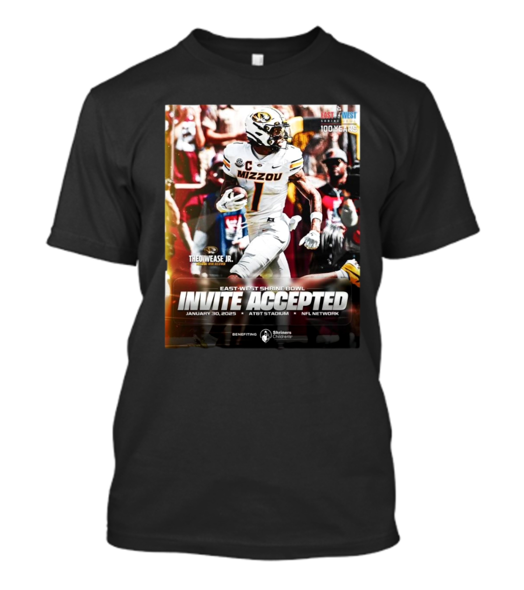 Theo Wease Jr. Mizzou Tigers East-West Shrine Bowl Invite Accepted January 30 2025 AT&T Stadium NFL Network T-Shirt