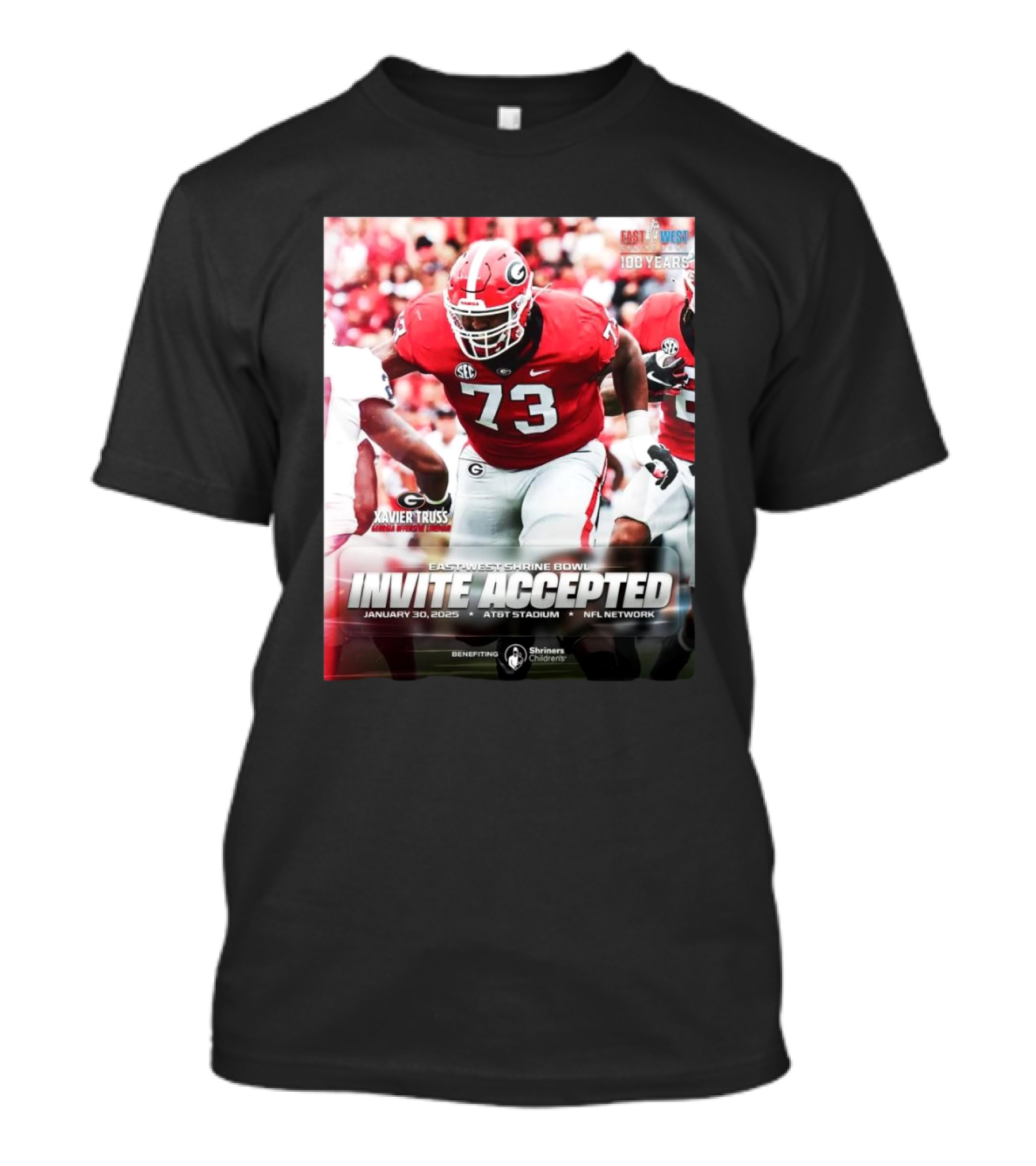 Xavier Truss Georgia Bulldogs 73 East-West Shrine Bowl Invite Accepted January 30 2025 AT&T Stadium NFL Network Benefiting Shriners Children's T-Shirt