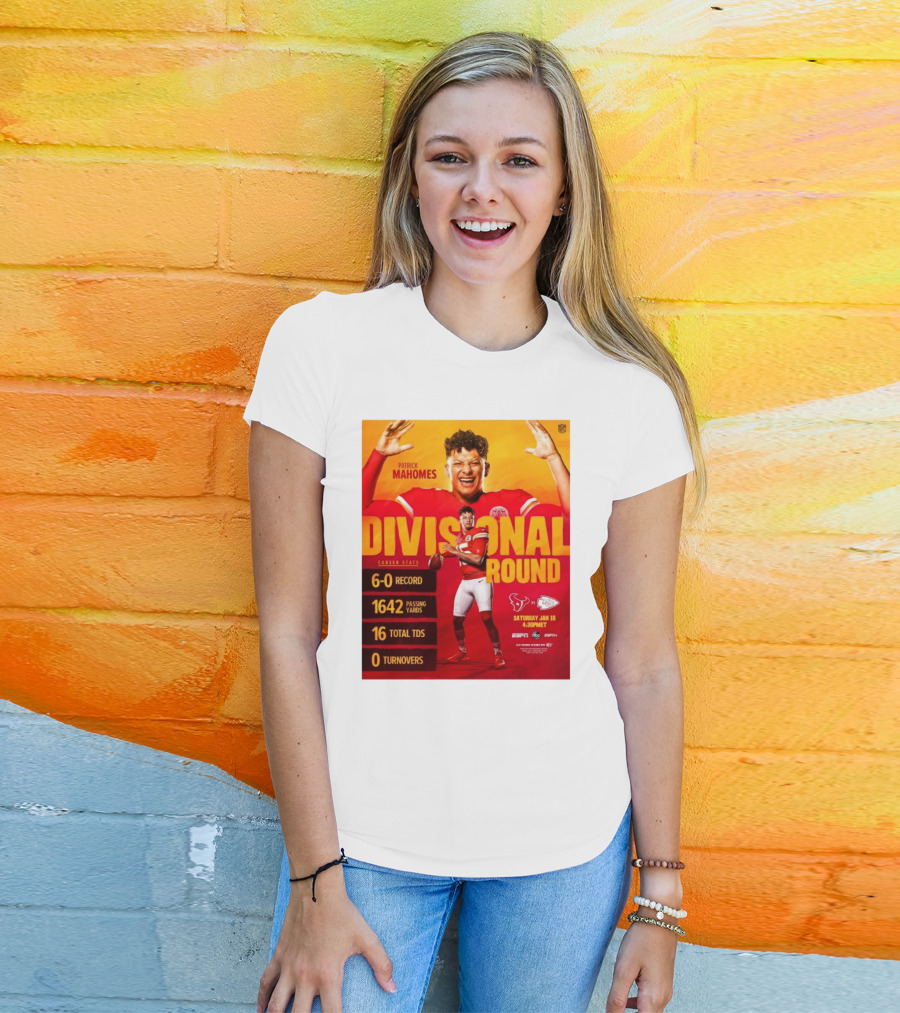 Divisional Round Patrick Mahomes 6-0 Record 1642 Passing Yards Kansas City Chiefs Vs Houston Texans Jan 18 4:30PM 16 Total TDs 0 Turnovers Career Stats T-Shirt