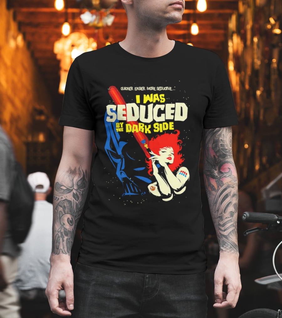 I Was Seduced by the Dark Side Cartoon Darth Vader and Redhead Woman T-Shirt