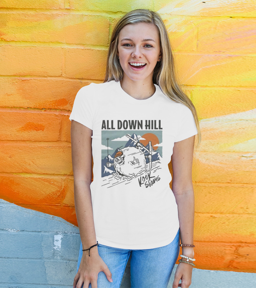 Kook Slams All Down Hill Skiing Adventure Orange Sunset Rugged Mountains T-Shirt