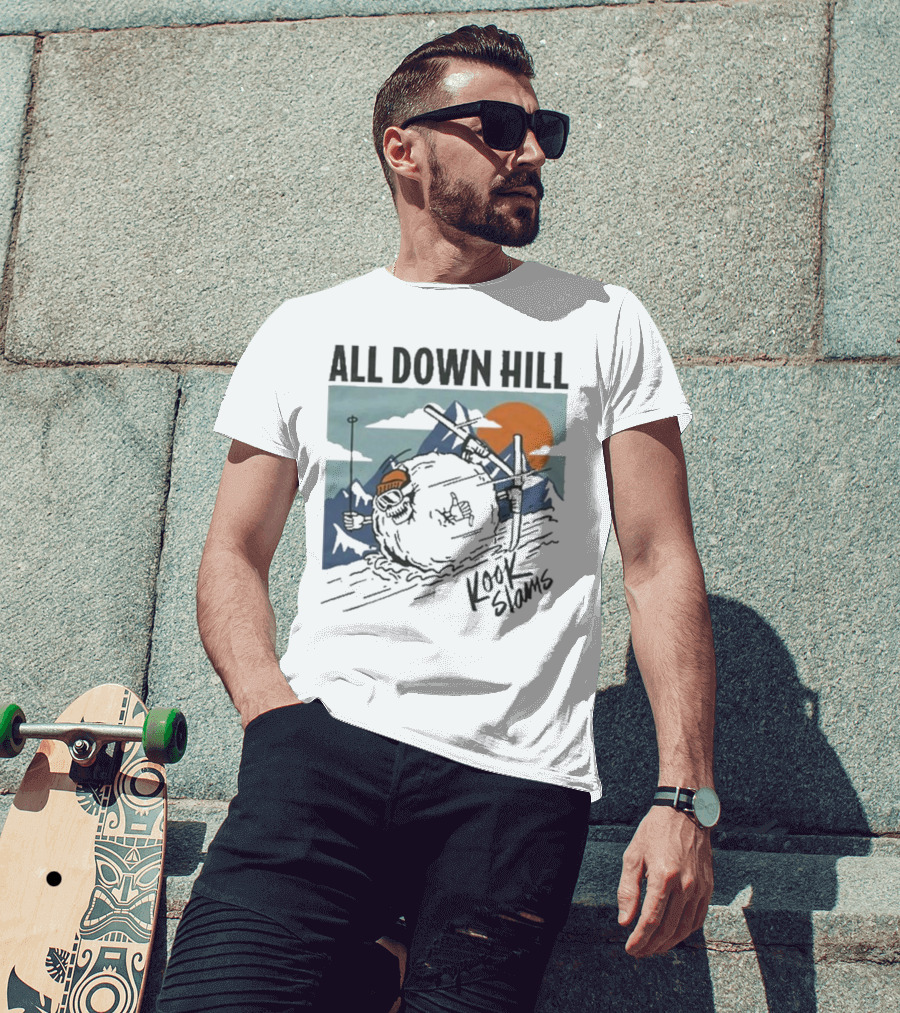 Kook Slams All Down Hill Skiing Adventure Orange Sunset Rugged Mountains T-Shirt