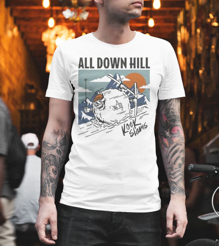 Kook Slams All Down Hill Skiing Adventure Orange Sunset Rugged Mountains T-Shirt