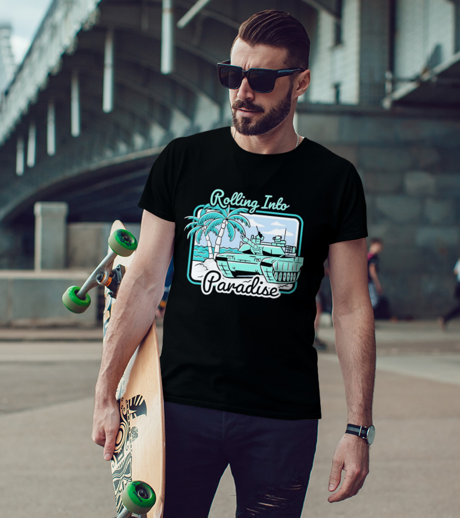 Rolling Into Paradise Tropical Beach Tank Palm Trees Ocean Scene T-Shirt