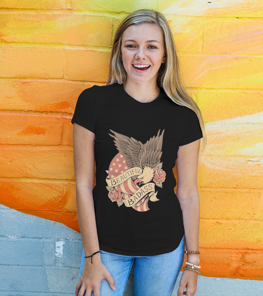 Beautiful Badass Eagle With American Flag And Roses T-Shirt