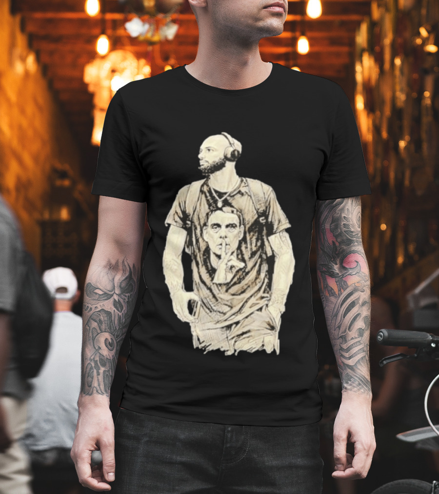 Bearded Man with Headphones and Quiet Gesture T-Shirt