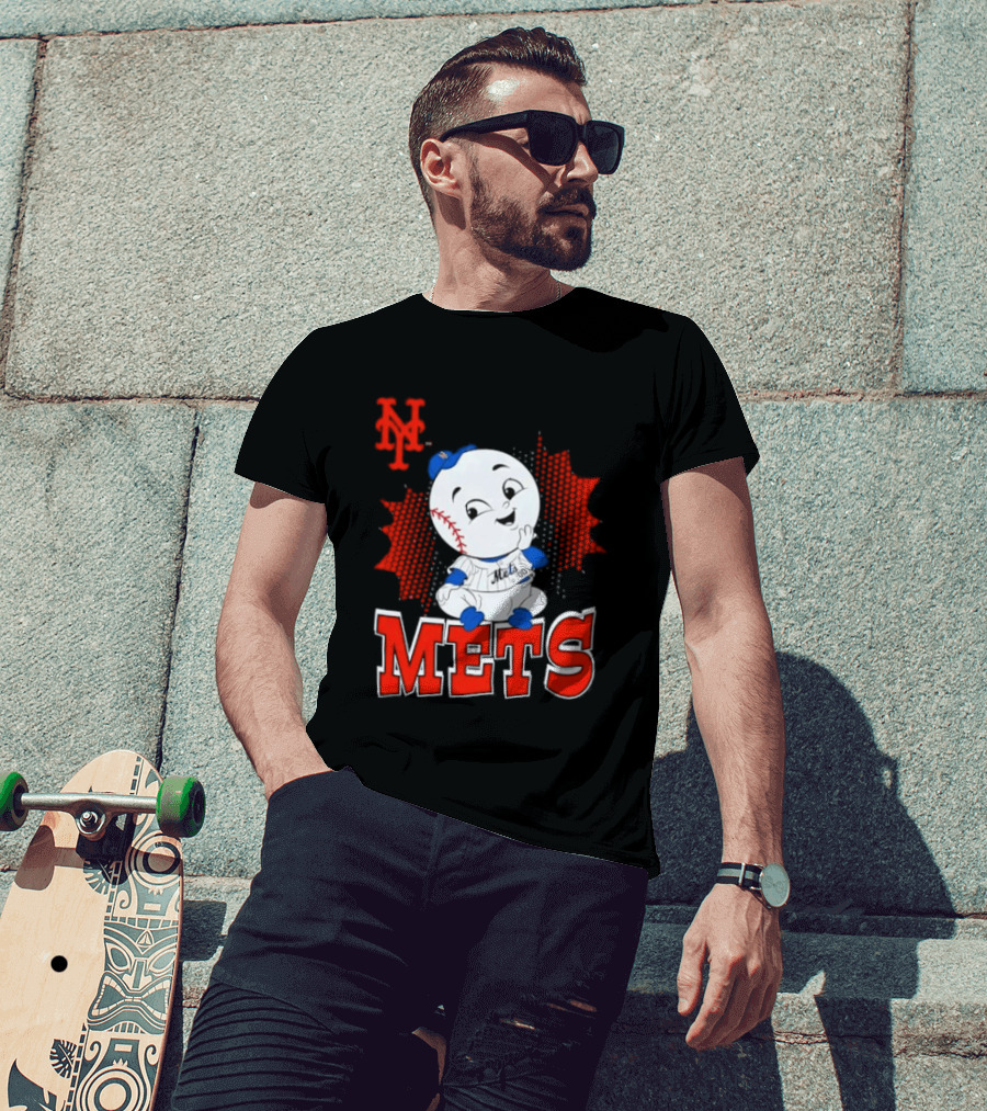 NY Mets Mr. Met Cartoon Character With Baseball And Team T-Shirt
