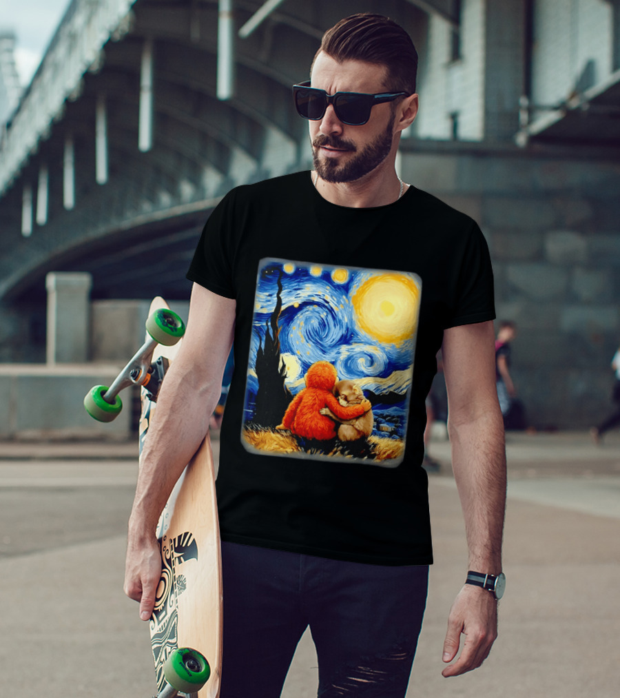 Punch Kun Panchi Kun Van Gogh Monkey Punch Starry Night Hugging Scene T-Shirt