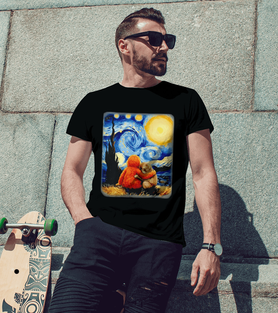 Punch Kun Panchi Kun Van Gogh Monkey Punch Starry Night Hugging Scene T-Shirt