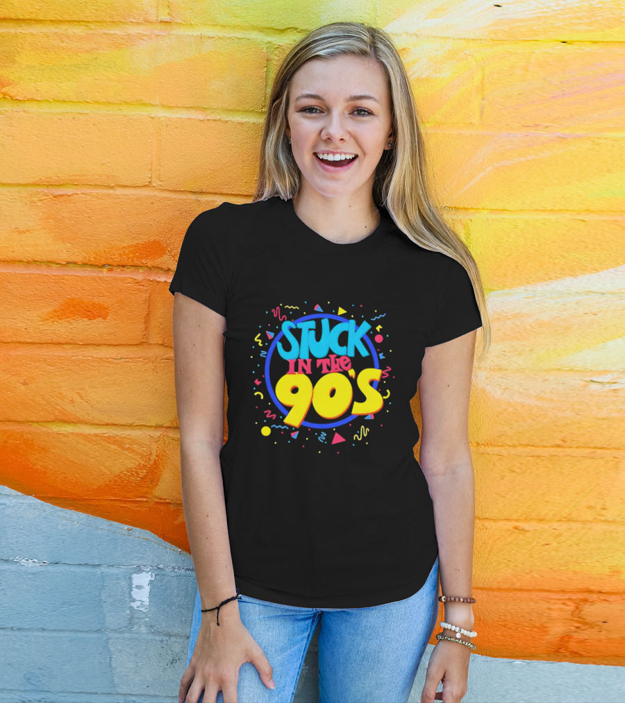 Stuck In The 90s Colorful Retro Vibes With Bold Typography And 90s T-Shirt