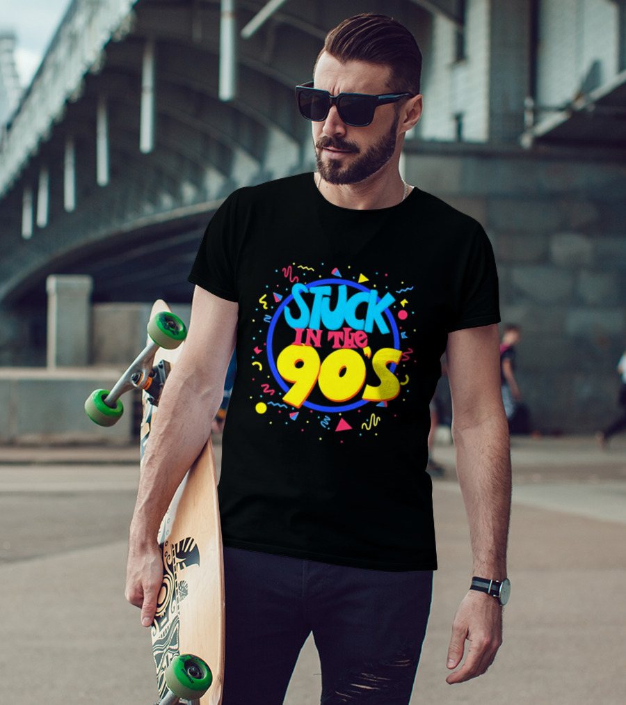 Stuck In The 90s Colorful Retro Vibes With Bold Typography And 90s T-Shirt