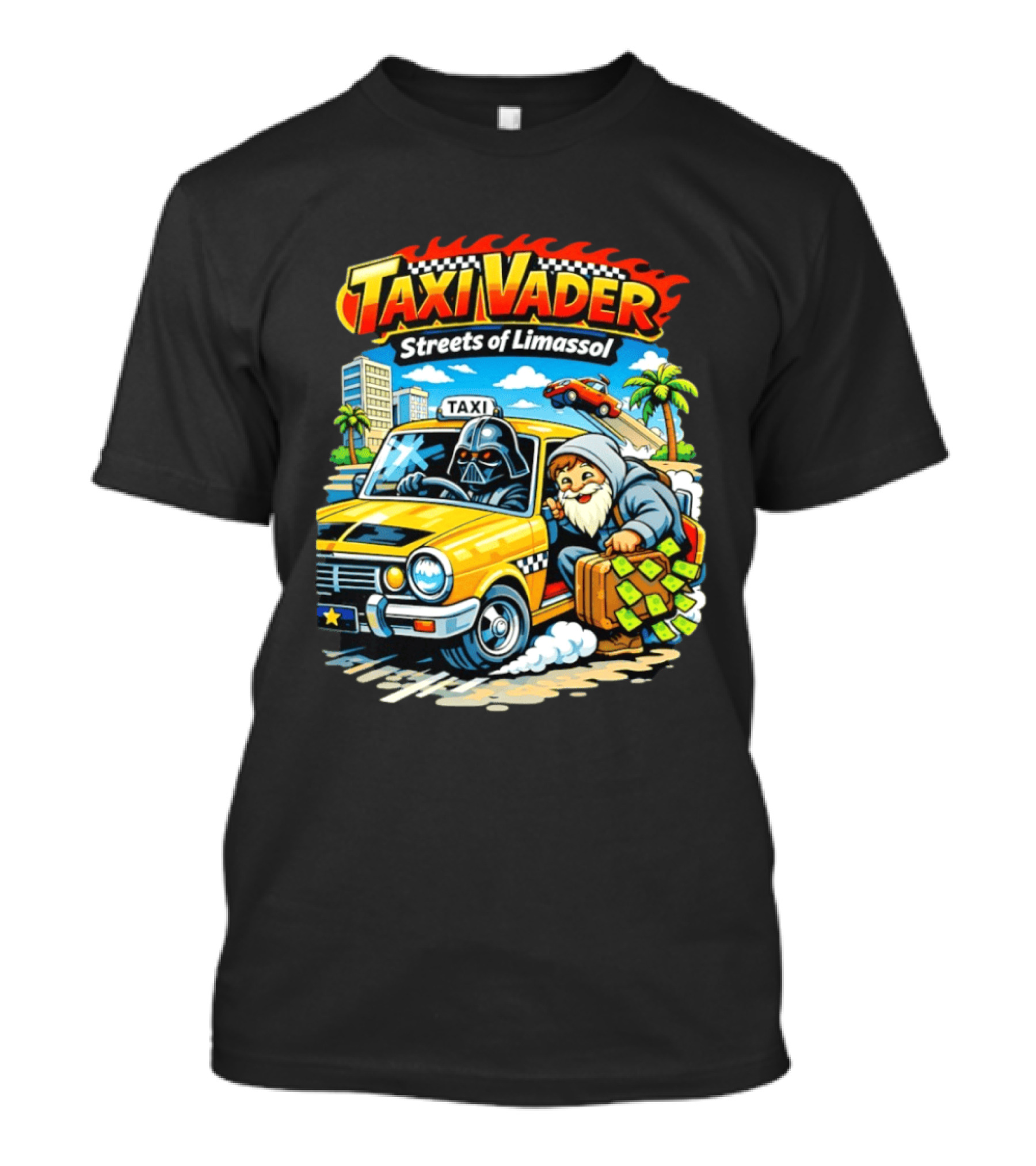 Taxi Vader Streets Of Limassol Adventure With Iconic Characters And Yellow Cab In Cityscape T-Shirt