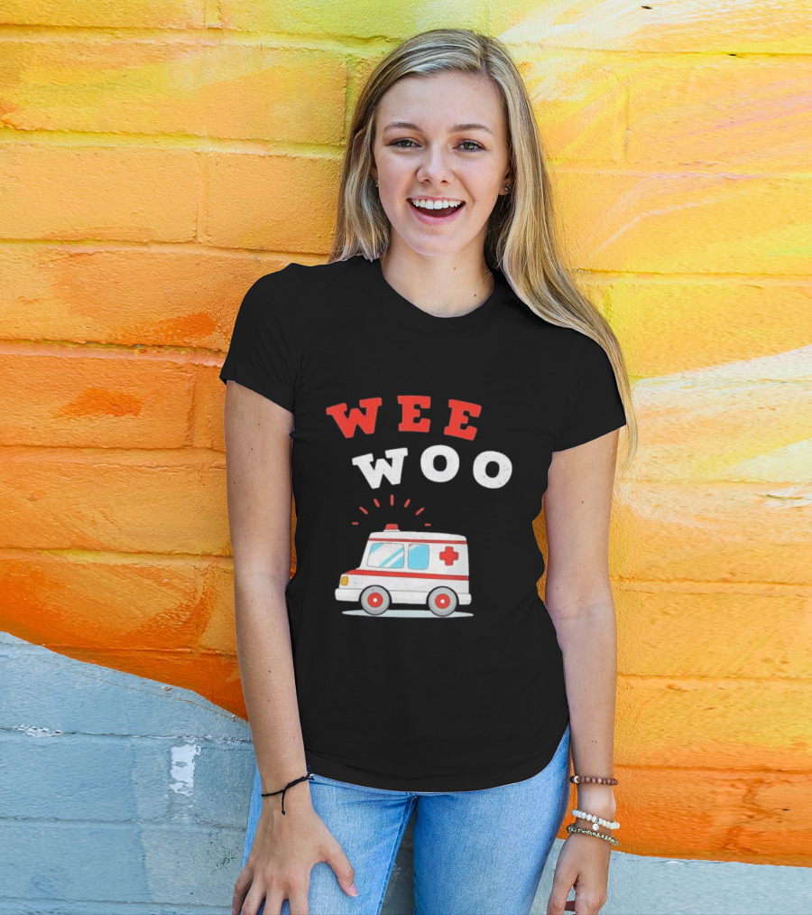 Wee Woo Cartoon Ambulance Emergency Vehicle Rescue Red And White T-Shirt