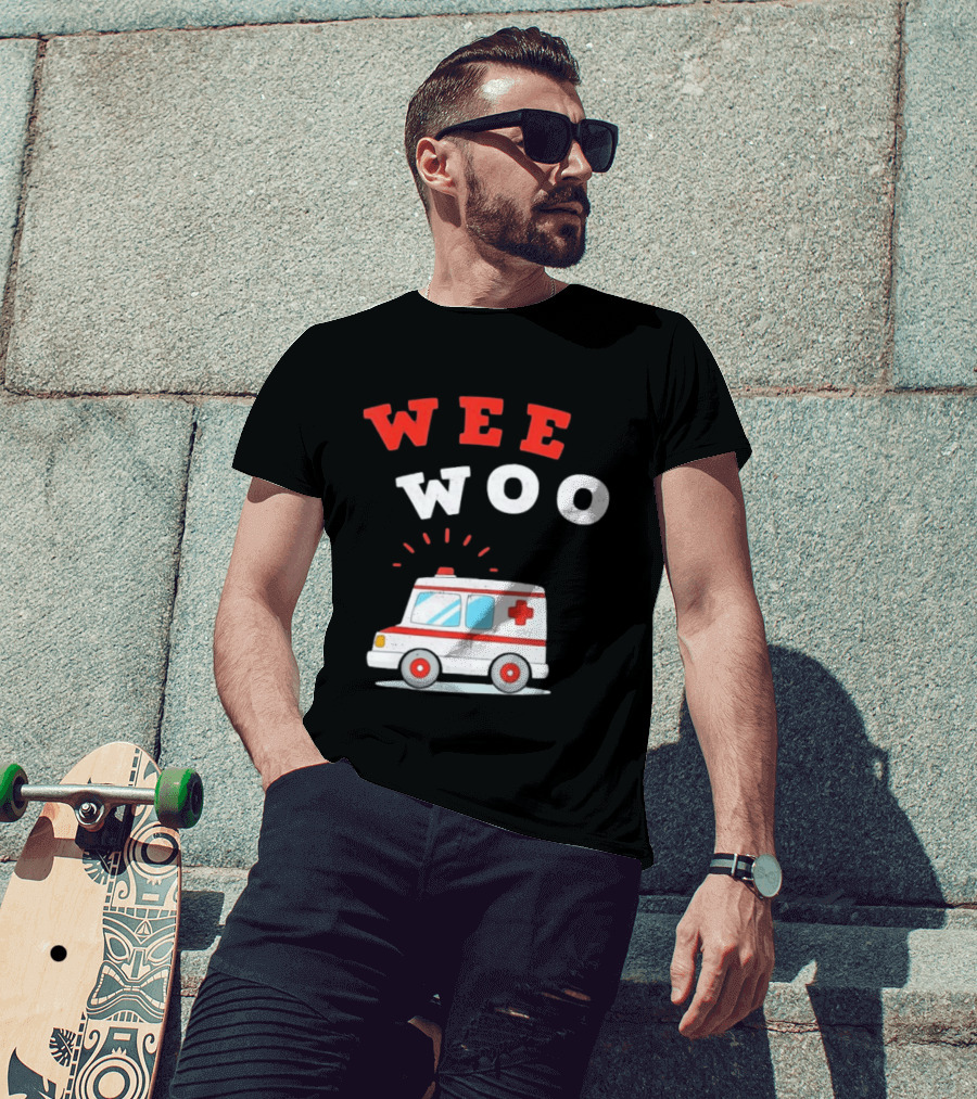 Wee Woo Cartoon Ambulance Emergency Vehicle Rescue Red And White T-Shirt