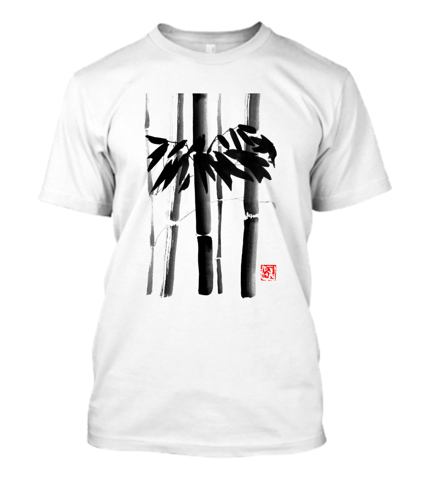 Bamboo Stalks With Artistic Black Brushstroke And Red Stamp T-Shirt