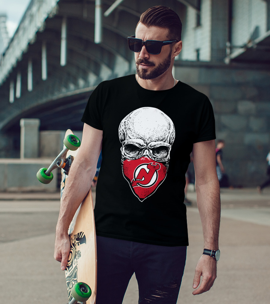 Skull With New Jersey Devils Logo As Face Mask T-Shirt
