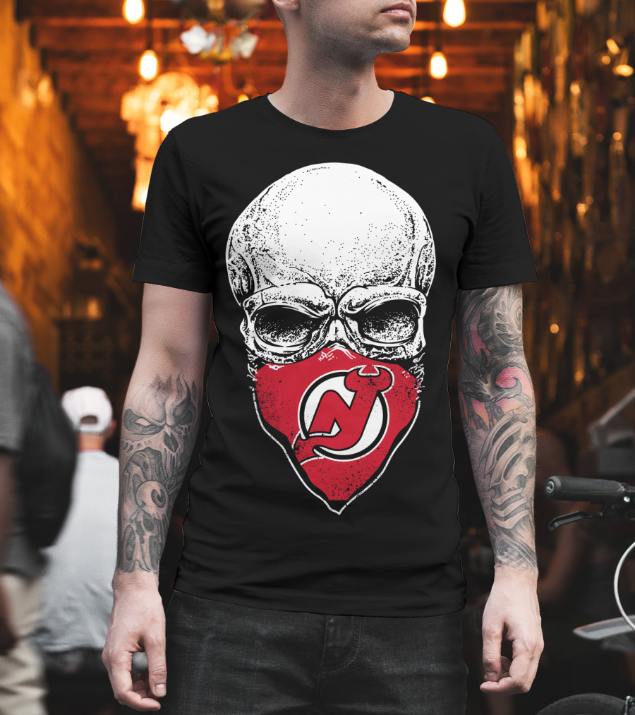 Skull With New Jersey Devils Logo As Face Mask T-Shirt