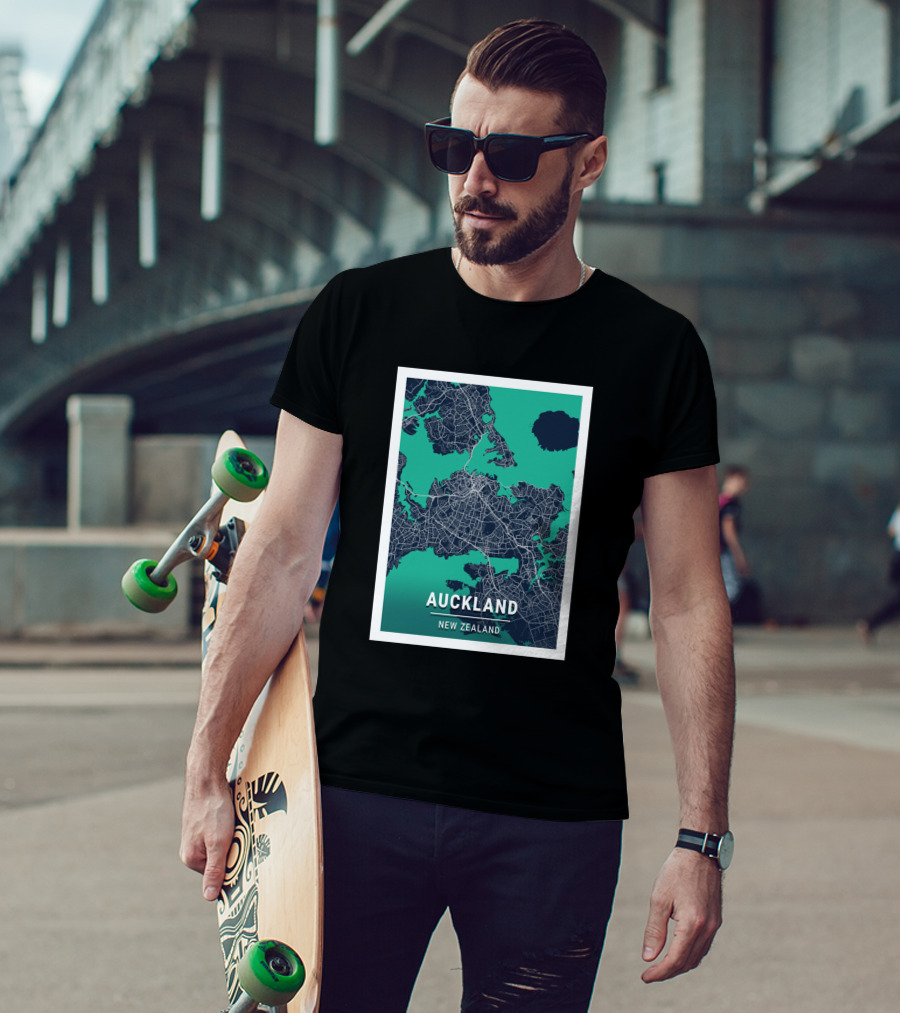 Auckland New Zealand City Map In Blue And Green Outlined T-Shirt