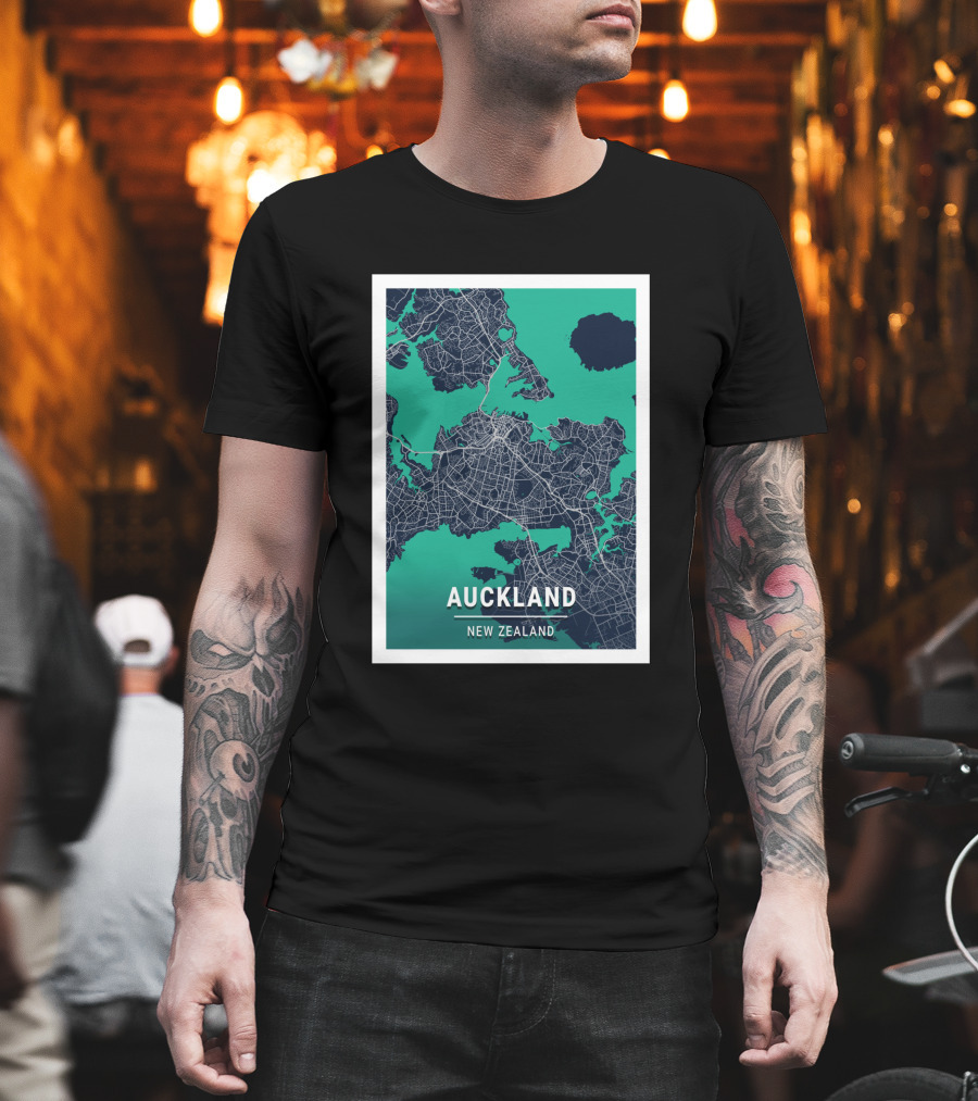 Auckland New Zealand City Map in Blue and Green Outlined T-Shirt