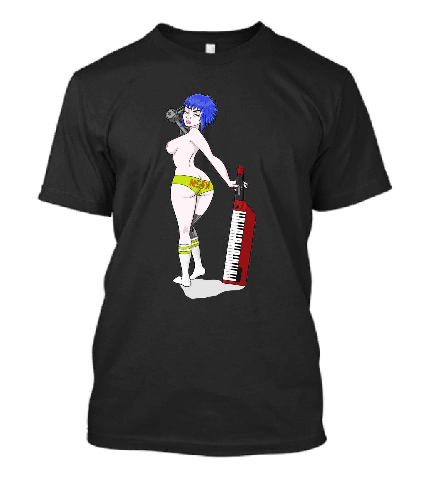 Anne Top Down 1384413 NSFW Keyboard Girl With Blue Hair And Yellow Shorts T-Shirt