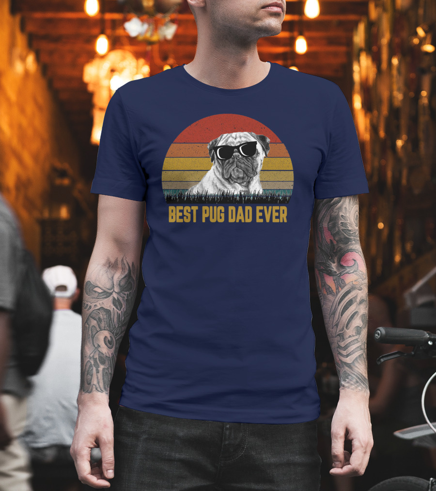 Best Pug Dad Ever Sunglasses Retro Sunset Background T-Shirt