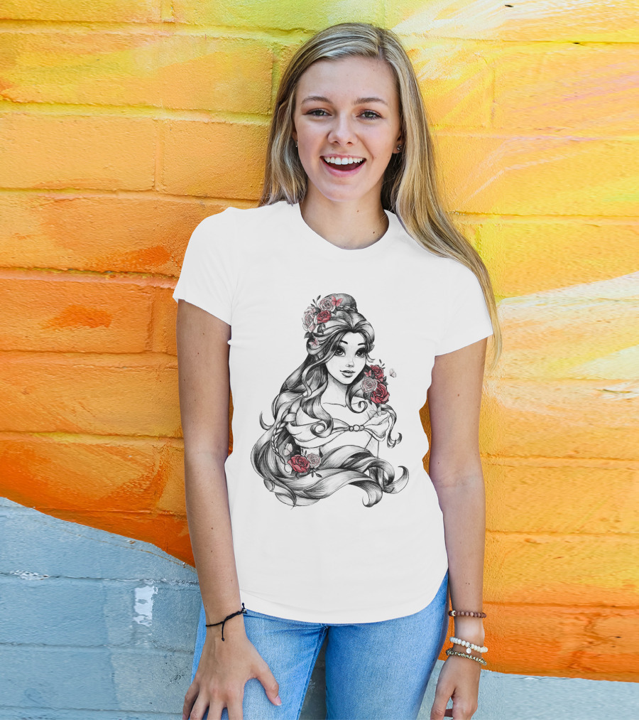 Beast Belle Rose Sketch Floral Hair T-Shirt