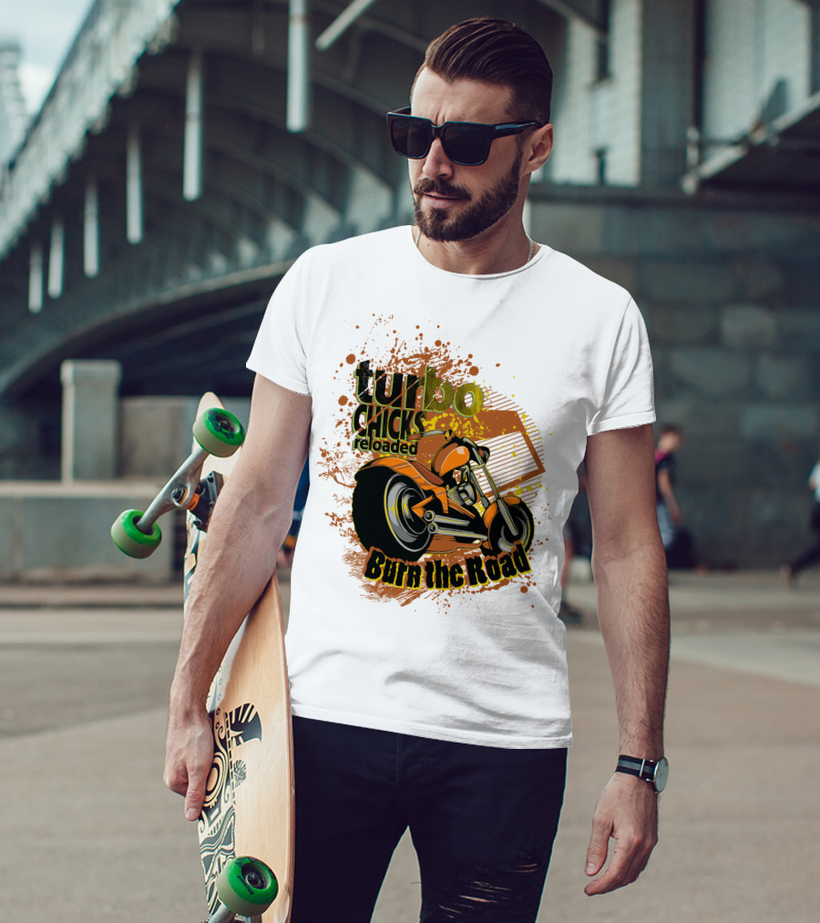 Turbo Chicks Reloaded Burn The Road Motorcycle Adventure T-Shirt
