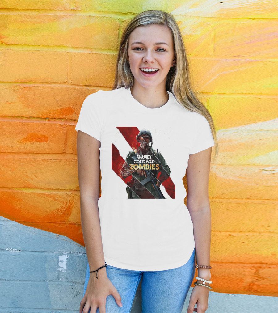 Call Of Duty Black Ops Cold War Zombies Soldier With Gun And Red Torn Stripes T-Shirt