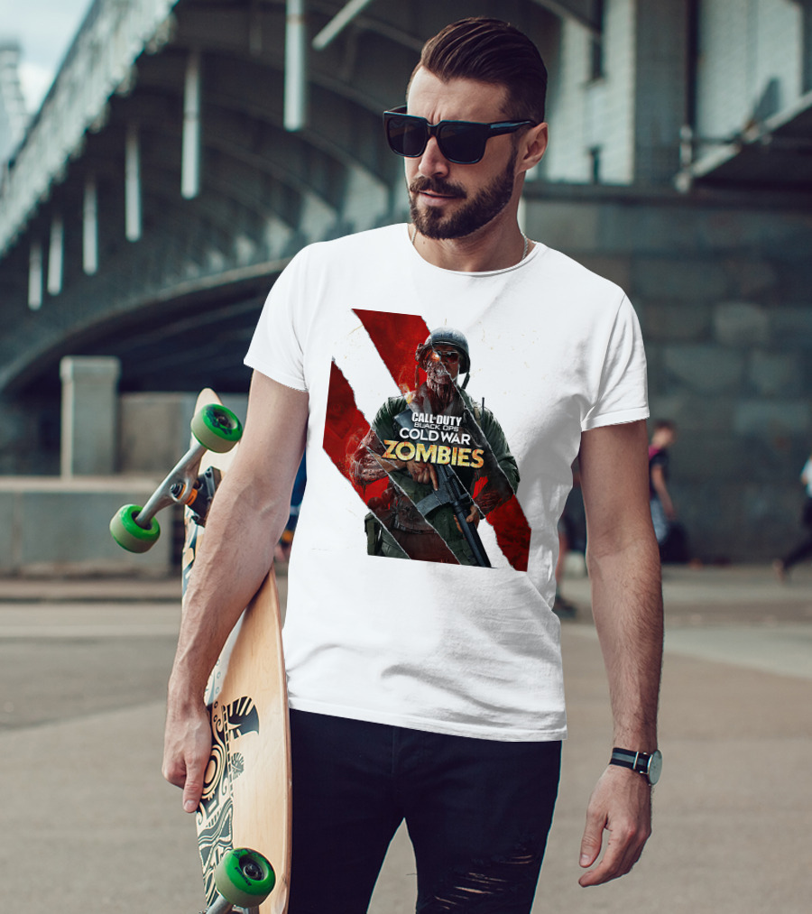 Call Of Duty Black Ops Cold War Zombies Soldier With Gun And Red Torn Stripes T-Shirt