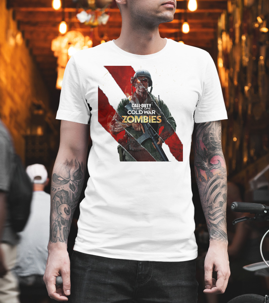 Call Of Duty Black Ops Cold War Zombies Soldier With Gun And Red Torn Stripes T-Shirt