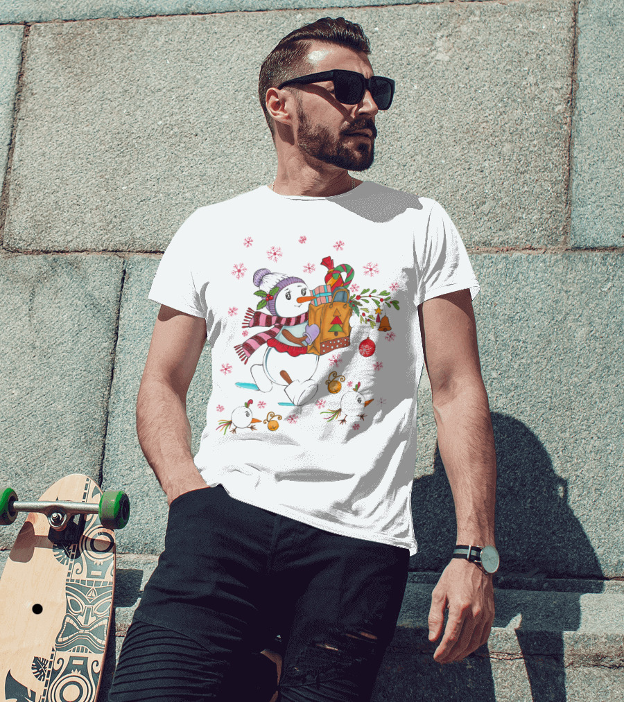 Festive Snowman With Gift Bag And Holiday Decorations T-Shirt