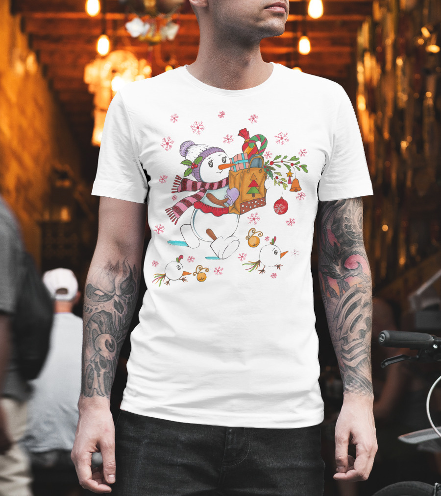 Festive Snowman With Gift Bag And Holiday Decorations T-Shirt