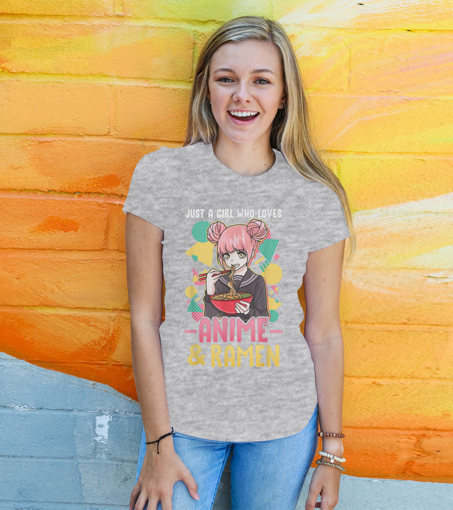 Just A Girl Who Loves Anime And Ramen With Pink-Haired Character Eating Noodles T-Shirt
