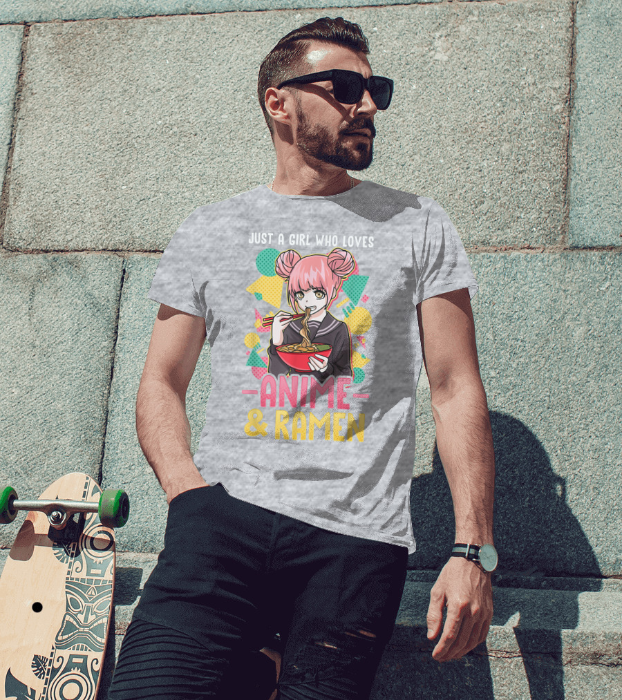 Just A Girl Who Loves Anime And Ramen With Pink-Haired Character Eating Noodles T-Shirt