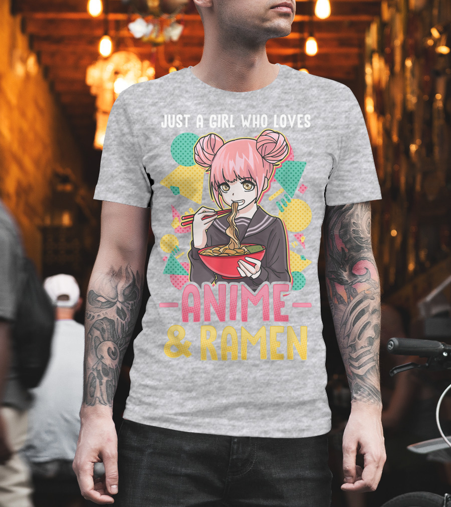 Just A Girl Who Loves Anime And Ramen With Pink-Haired Character Eating Noodles T-Shirt