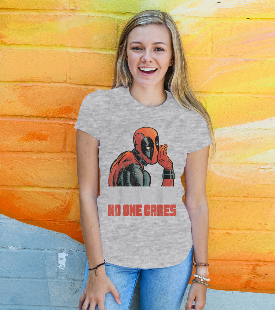 Marvel Deadpool SSHHHH No One Cares Whisper Red And Black Suit Hero T-Shirt