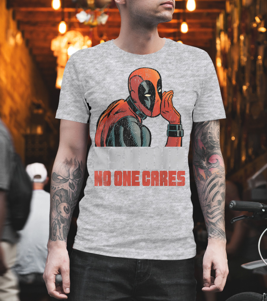 Marvel Deadpool SSHHHH No One Cares Whisper Red And Black Suit Hero T-Shirt