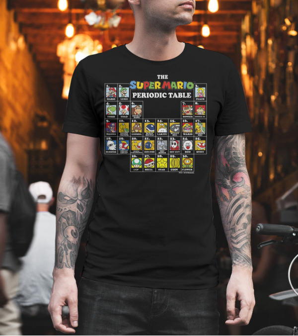 Super Mario Periodic Table Featuring Luigi Peach Yoshi Bowser Toad Donkey Kong and More Iconic Characters T-Shirt Super Mario Periodic Table Featuring Luigi Peach Yoshi Bowser Toad Donkey Kong and More Iconic Characters T-Shirt