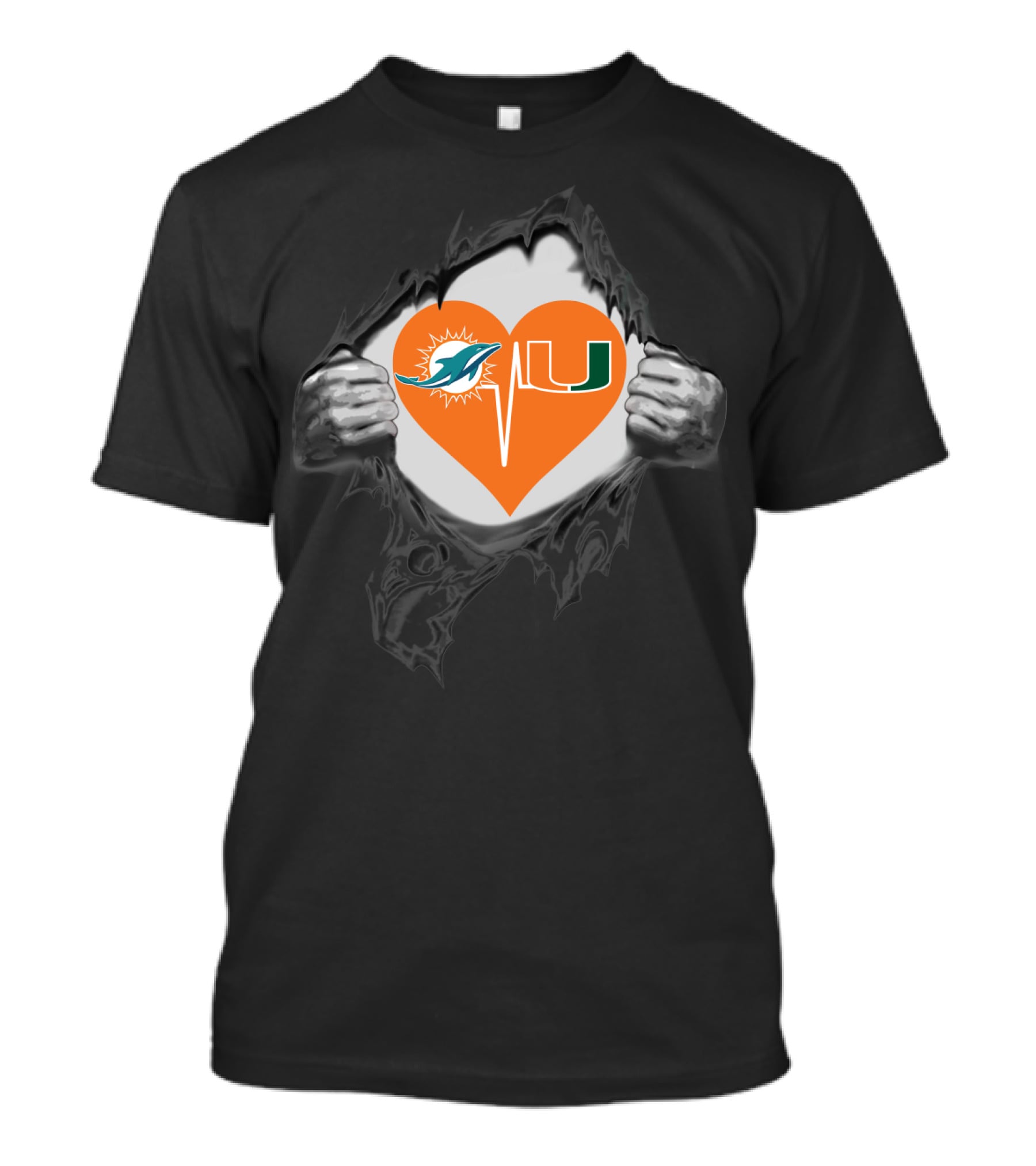 Miami Dolphins And Hurricanes Heartbeat Fan Logo Fusion T-Shirt