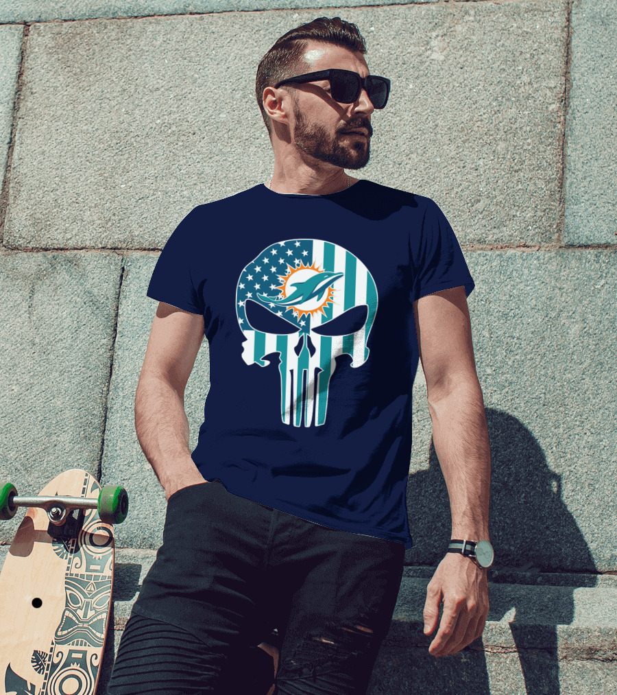 Miami Dolphins Punisher Skull American Flag T-Shirt