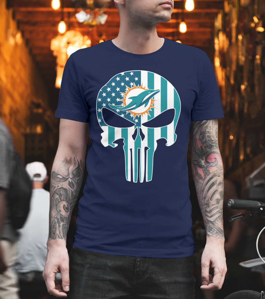 Miami Dolphins Punisher Skull American Flag T-Shirt