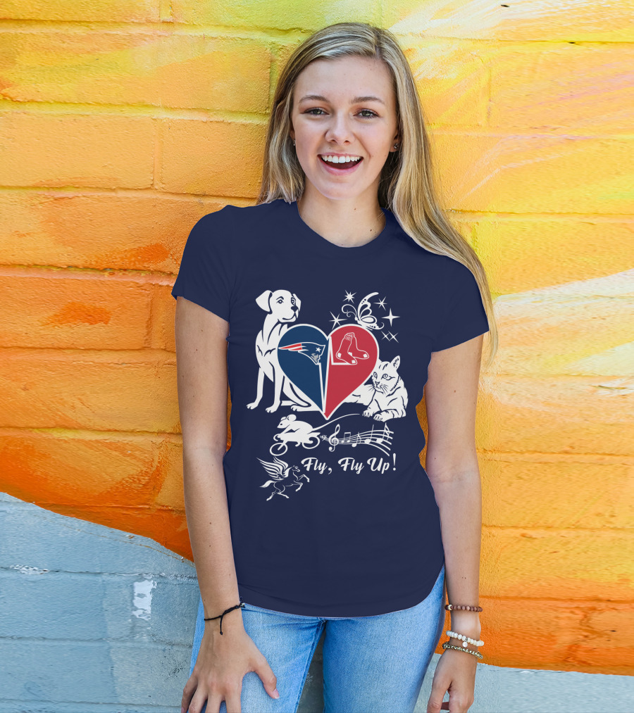 New England Patriots Red Sox Heart With Animals And Fly Fly Up T-Shirt