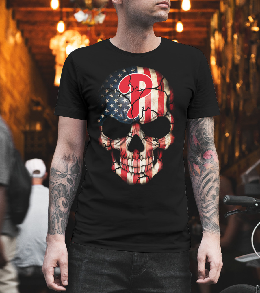Phillies Skull American Flag Cracked T-Shirt