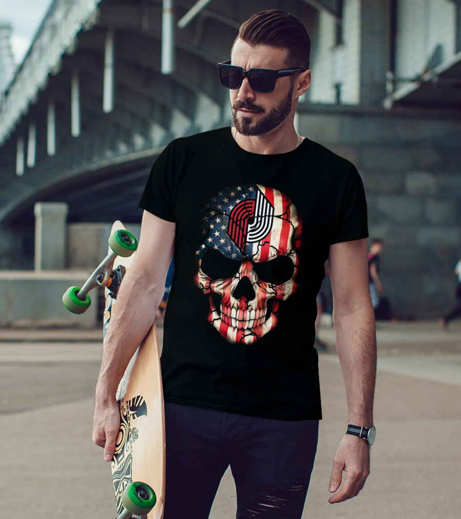 Portland Trail Blazers American Flag Skull T-Shirt