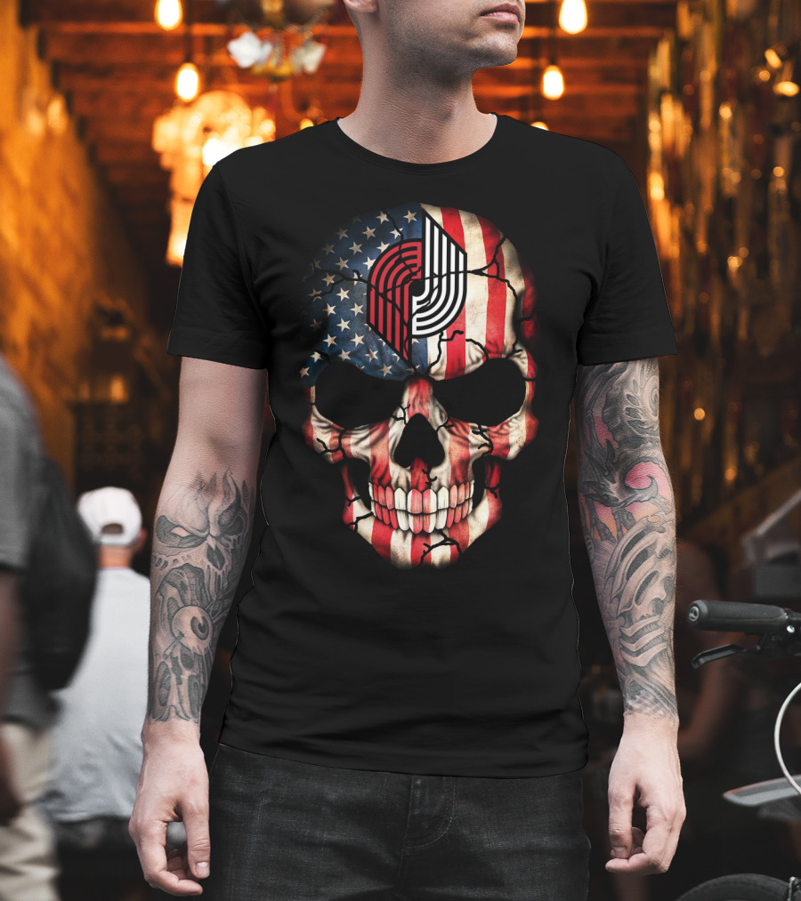 Portland Trail Blazers American Flag Skull T-Shirt