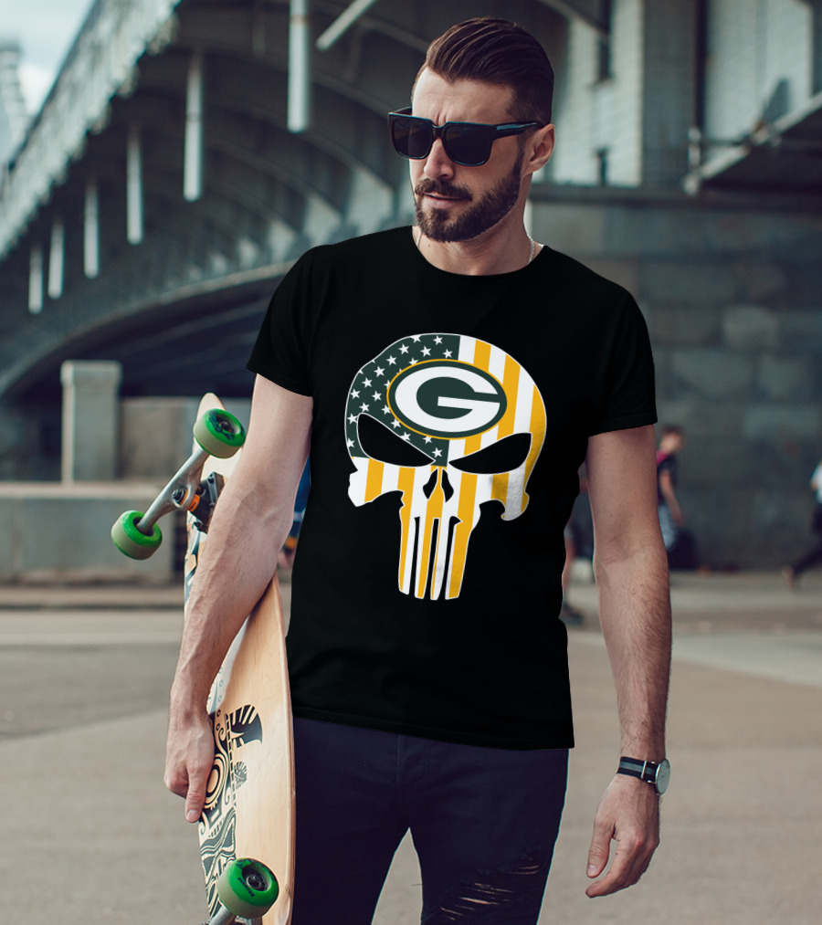 Green Bay Packers Punisher Skull American Flag T-Shirt